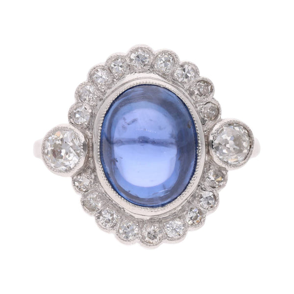 Platinum Burmese Cabochon Sapphire and Diamond Cluster Ring