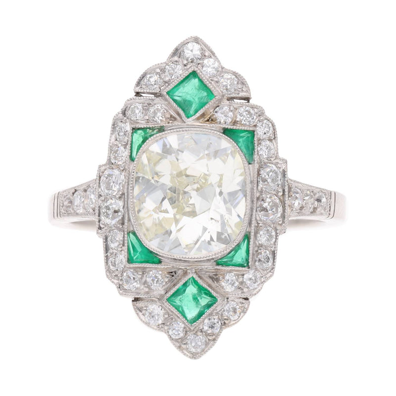Platinum Emerald and Diamond Cluster Ring
