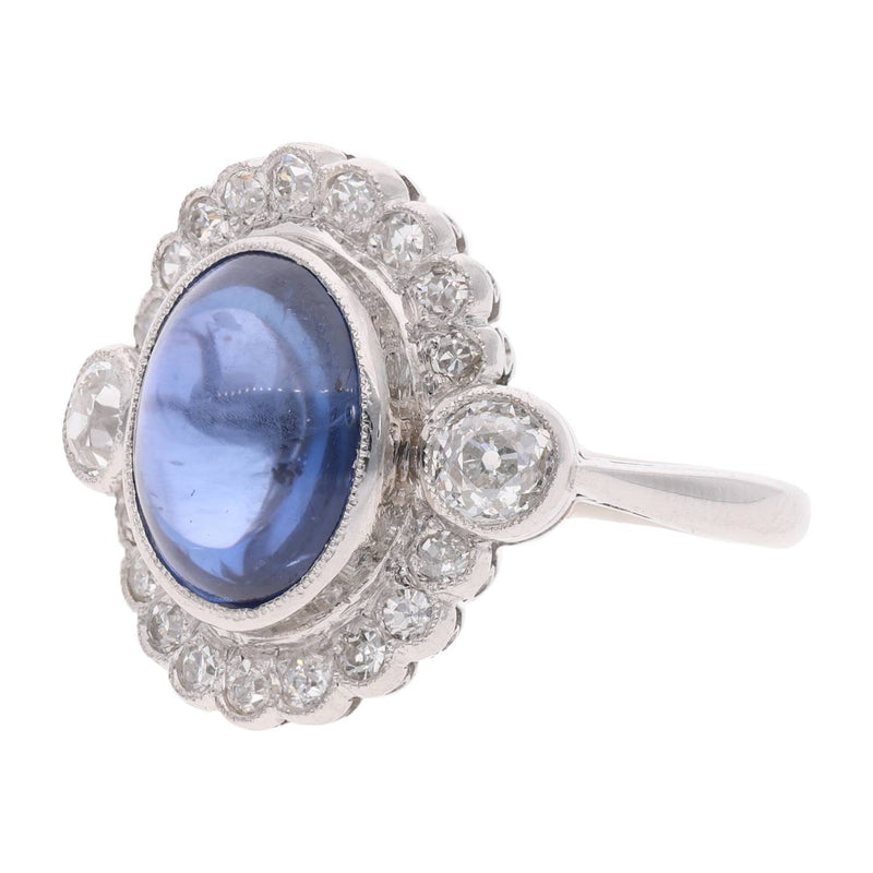 Platinum Burmese Cabochon Sapphire and Diamond Cluster Ring
