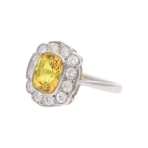 Platinum Yellow Sapphire and Diamond Cluster Ring