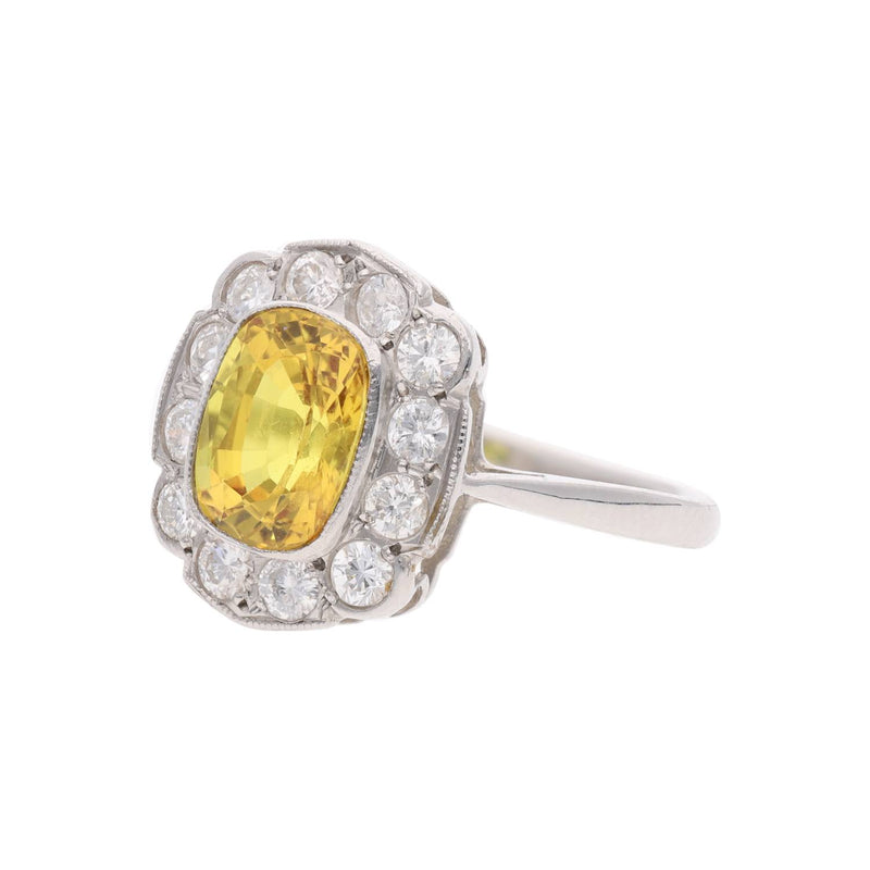 Platinum Yellow Sapphire and Diamond Cluster Ring