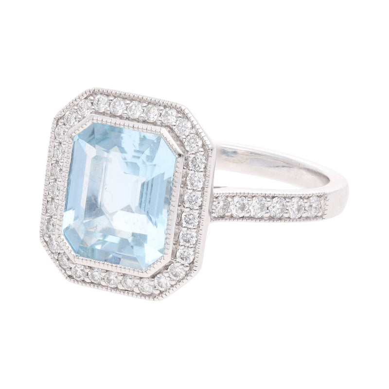 Platinum Aquamarine and Diamond Cluster Ring with Diamond Shoulders