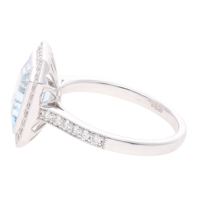 Platinum Aquamarine and Diamond Cluster Ring with Diamond Shoulders