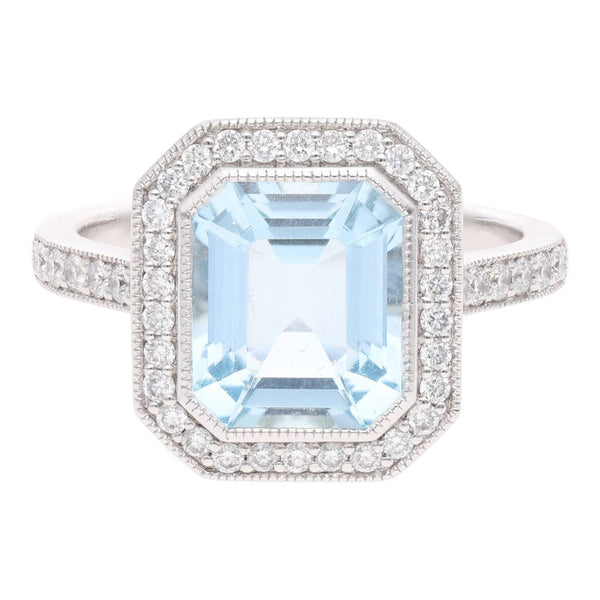 Platinum Aquamarine and Diamond Cluster Ring with Diamond Shoulders