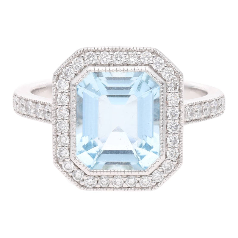 Platinum Aquamarine and Diamond Cluster Ring with Diamond Shoulders