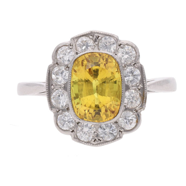 Platinum Yellow Sapphire and Diamond Cluster Ring