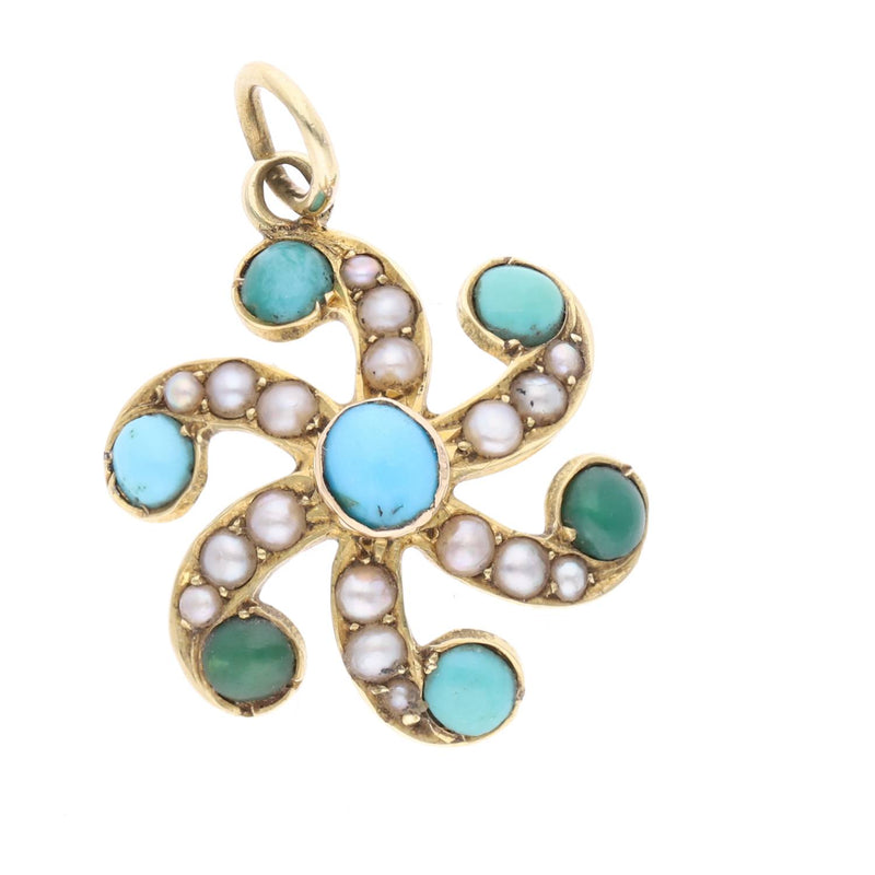 Antique 15ct Gold Turquoise and Pearl Pendant