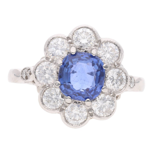 Platinum Sapphire and Diamond Cluster Ring