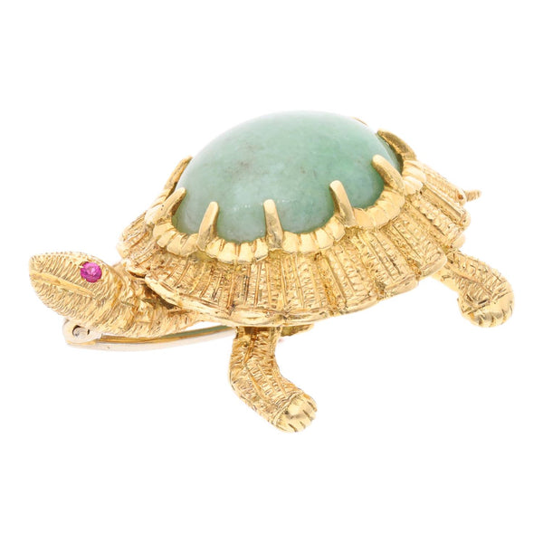 French 18ct Gold Ruby and Aventurine Quartz Tortoise Brooch