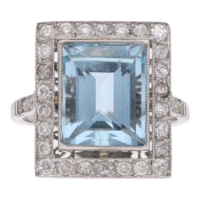 Platinum Aquamarine and Diamond Cluster Ring