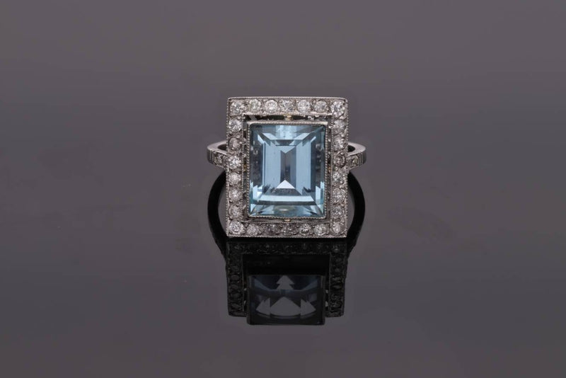 Platinum Aquamarine and Diamond Cluster Ring